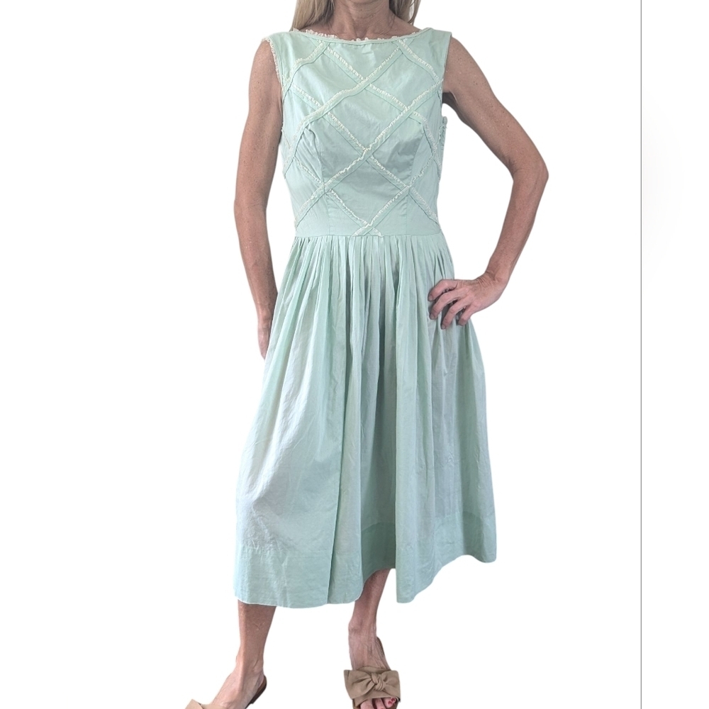 Vintage 1950s Mint Green Fit & Flare Midi Dress Tailored Junior